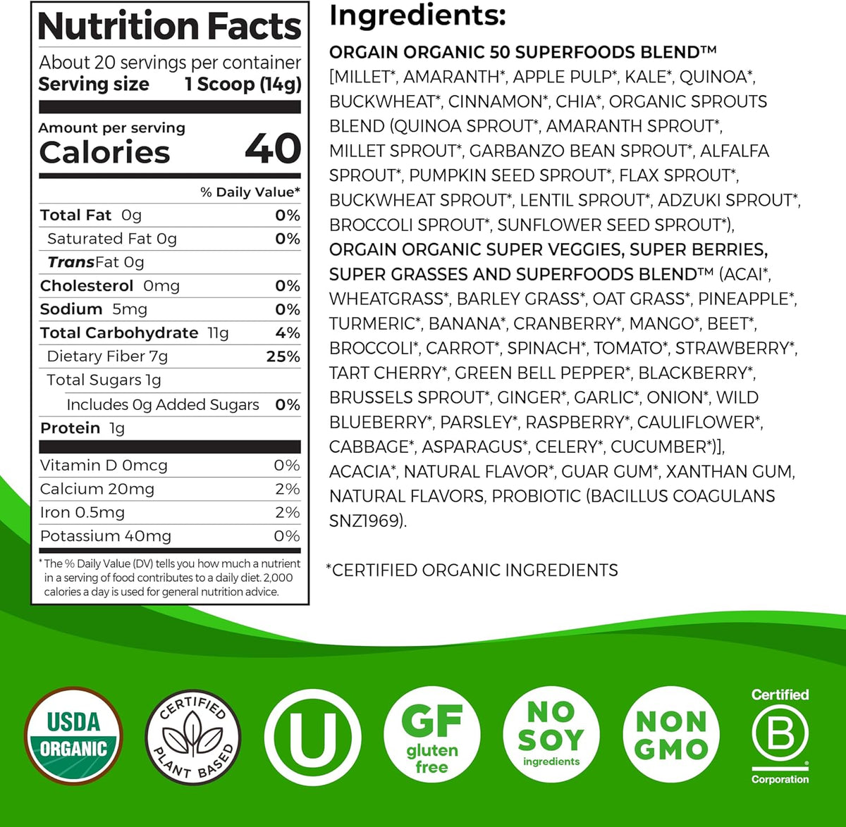 Orgain Organic Superfoods Plus Probiotics Original flavor supplement packaging close up