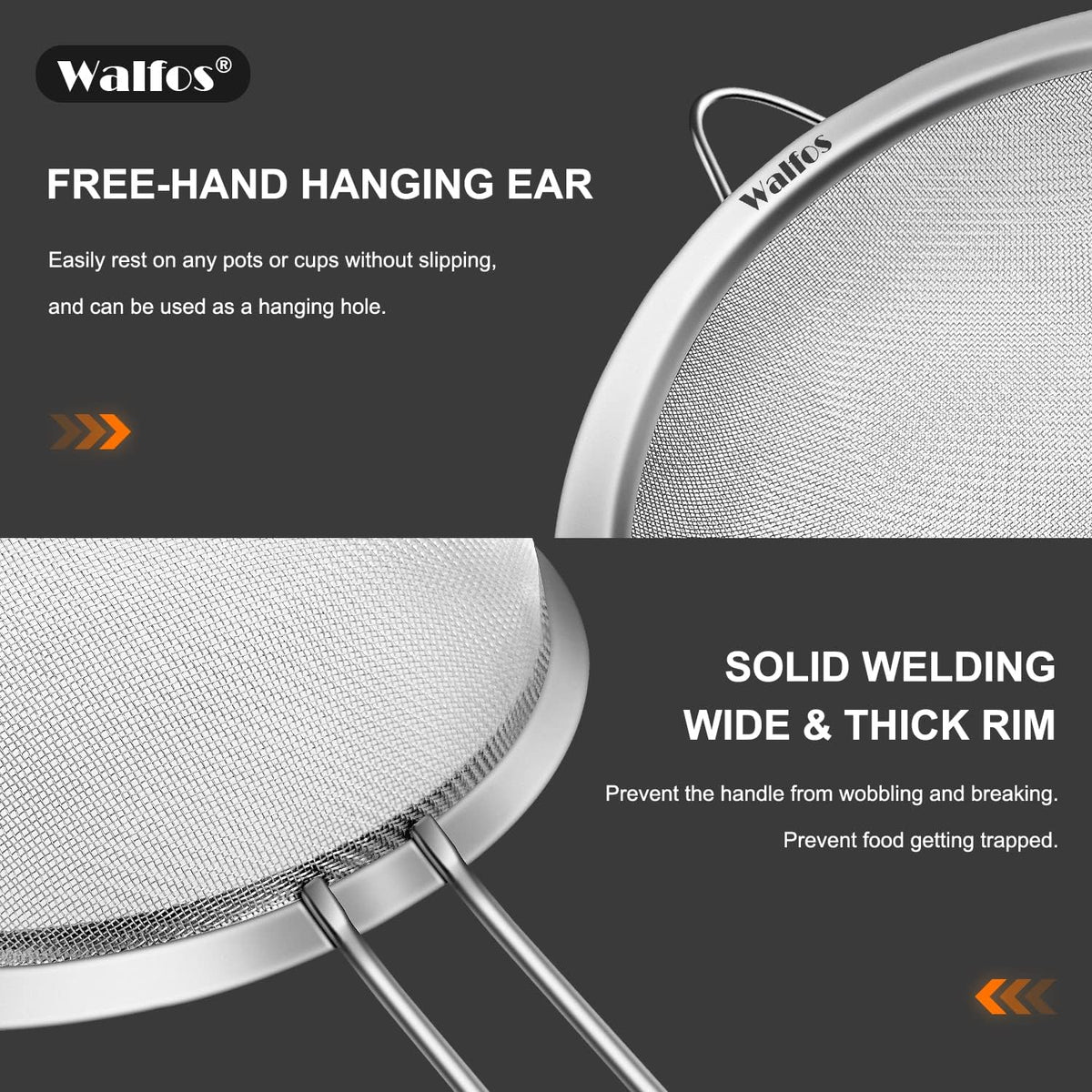 Walfos kitchen colander set close up of fine mesh