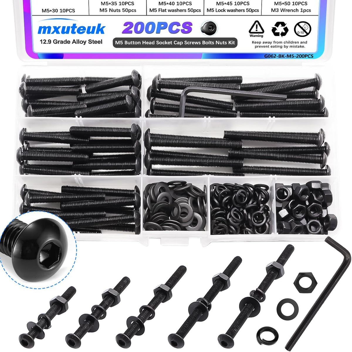 mxuteuk M2 Screws Assortment,M2 x 4/6/8/10/12/16/20mm Hex Socket Head Cap Screws Bolts Nuts Kit, 520PCS 12.9 Grade Alloy Steel Assorted Screws Small Metric Screws Suitable for 3D Printer DIY - Image 12