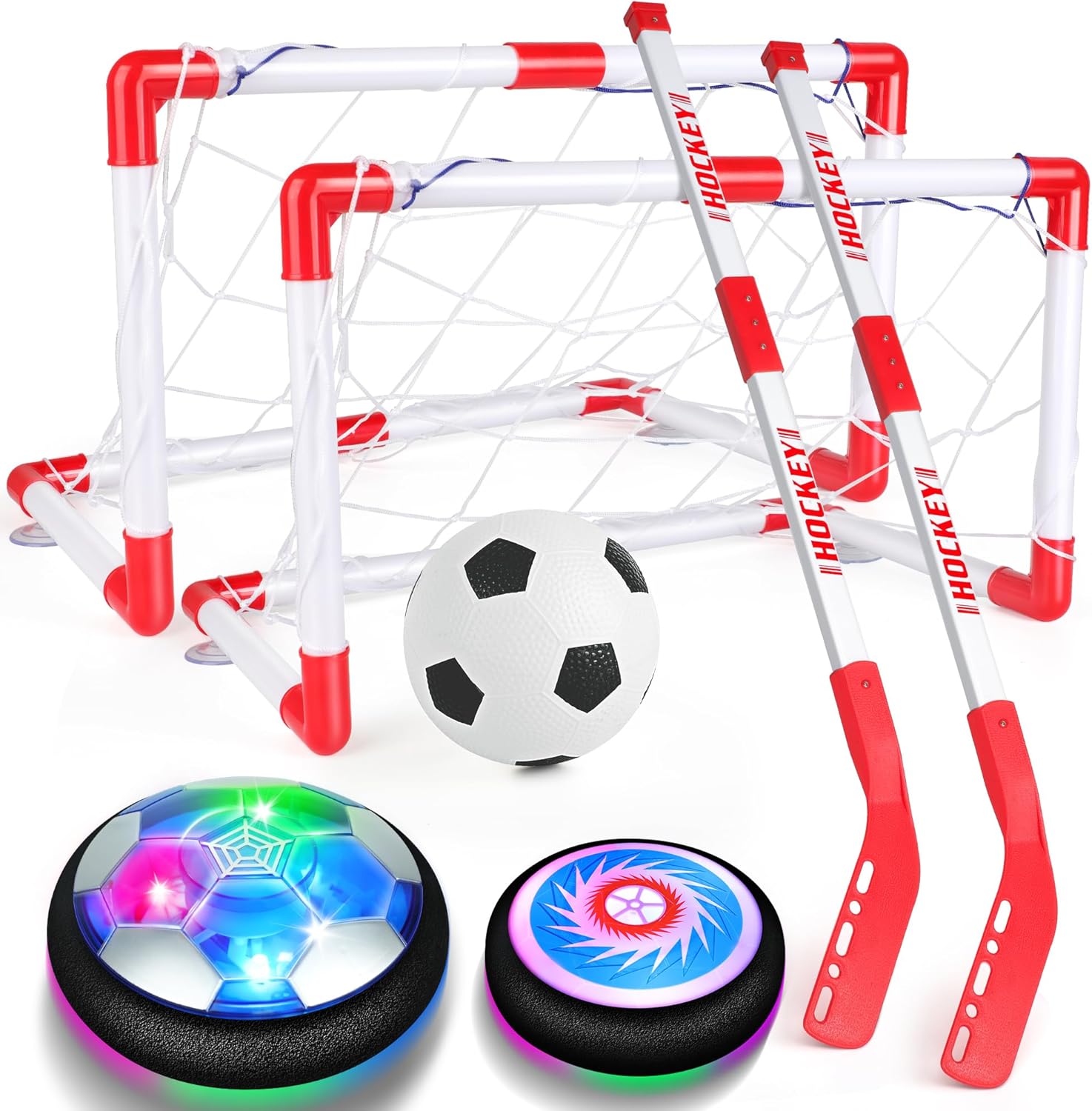 Helsort hover soccer ball set front view showing illuminated LED floating toys and goals
