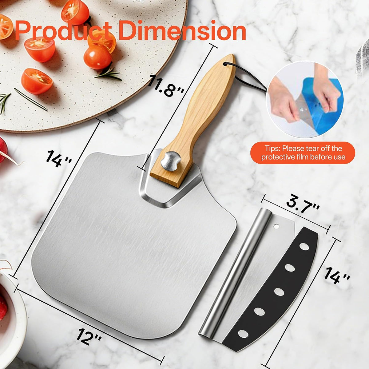 Leteuke 12x14 metal pizza spatula with foldable wooden handle extended