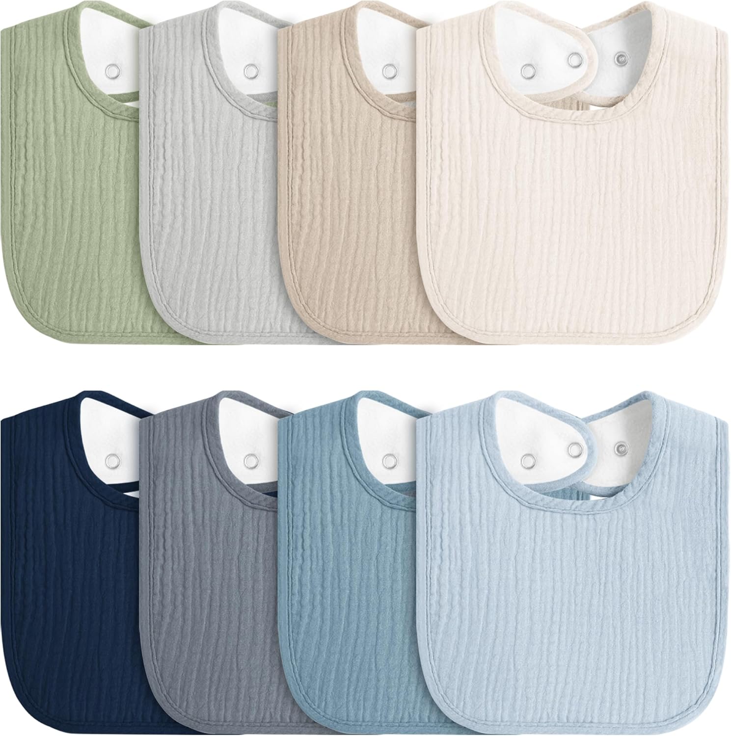 Mairmore 8 pack baby muslin bibs front view set
