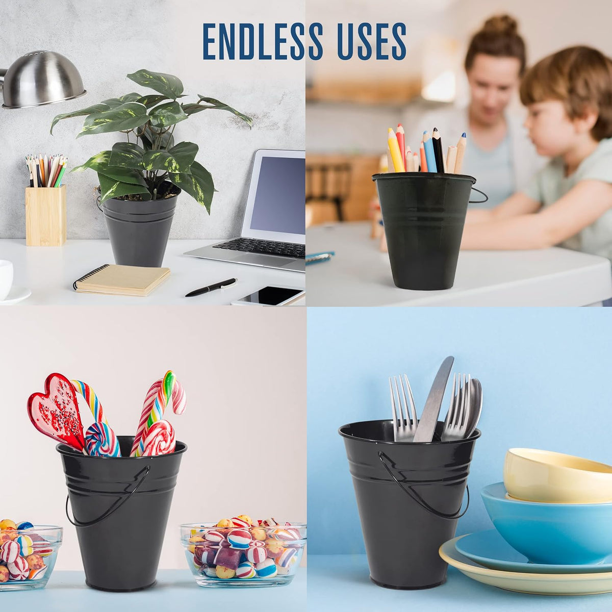 Houseables small metal bucket styled for a party favor setup