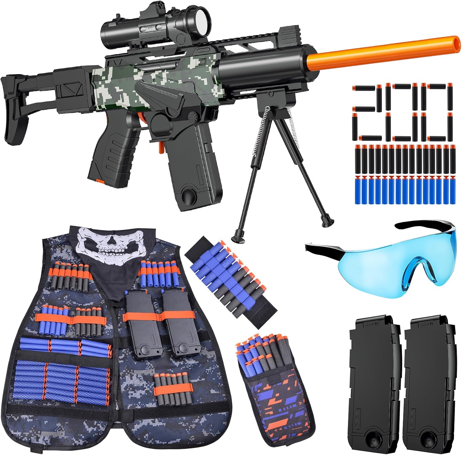 Sanetan automatic toy gun sniper rifle kit front view showing camouflage blaster with scope and bipod