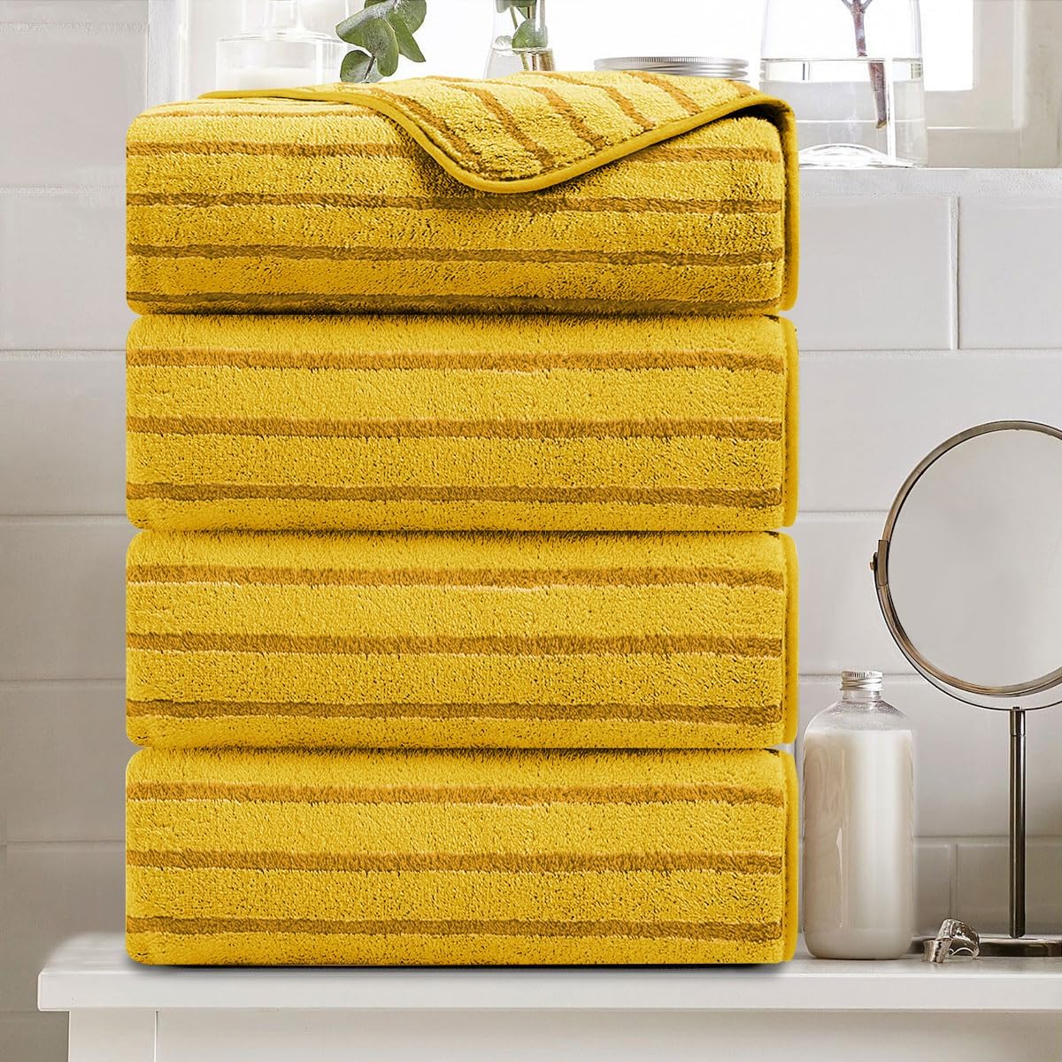 Oliven yellow cabana stripe oversized bath towel set front view