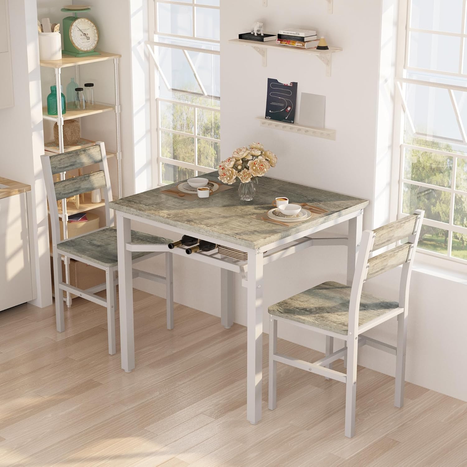 Hooseng 3 piece dining table set front view in a modern farmhouse kitchen nook.