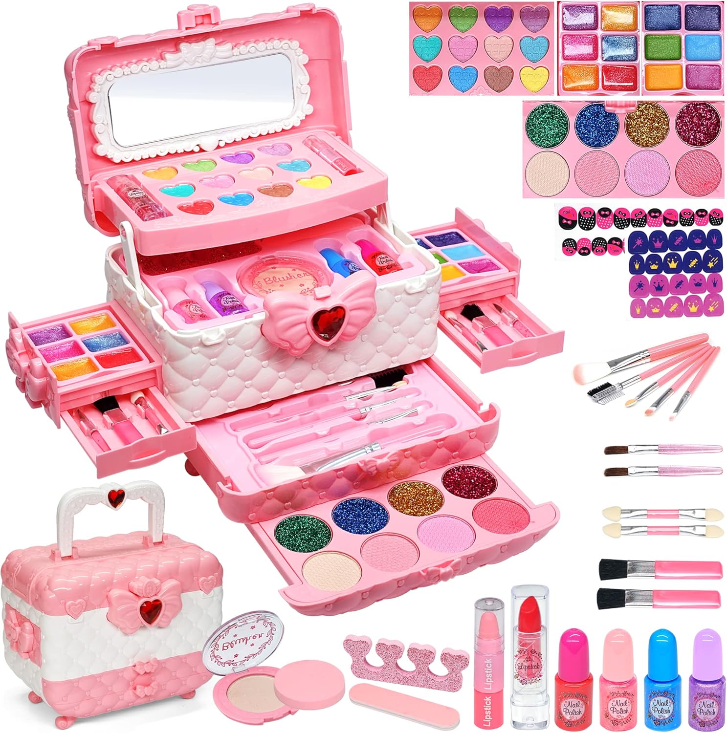 Amerrly kids makeup set front view of closed pink vanity case
