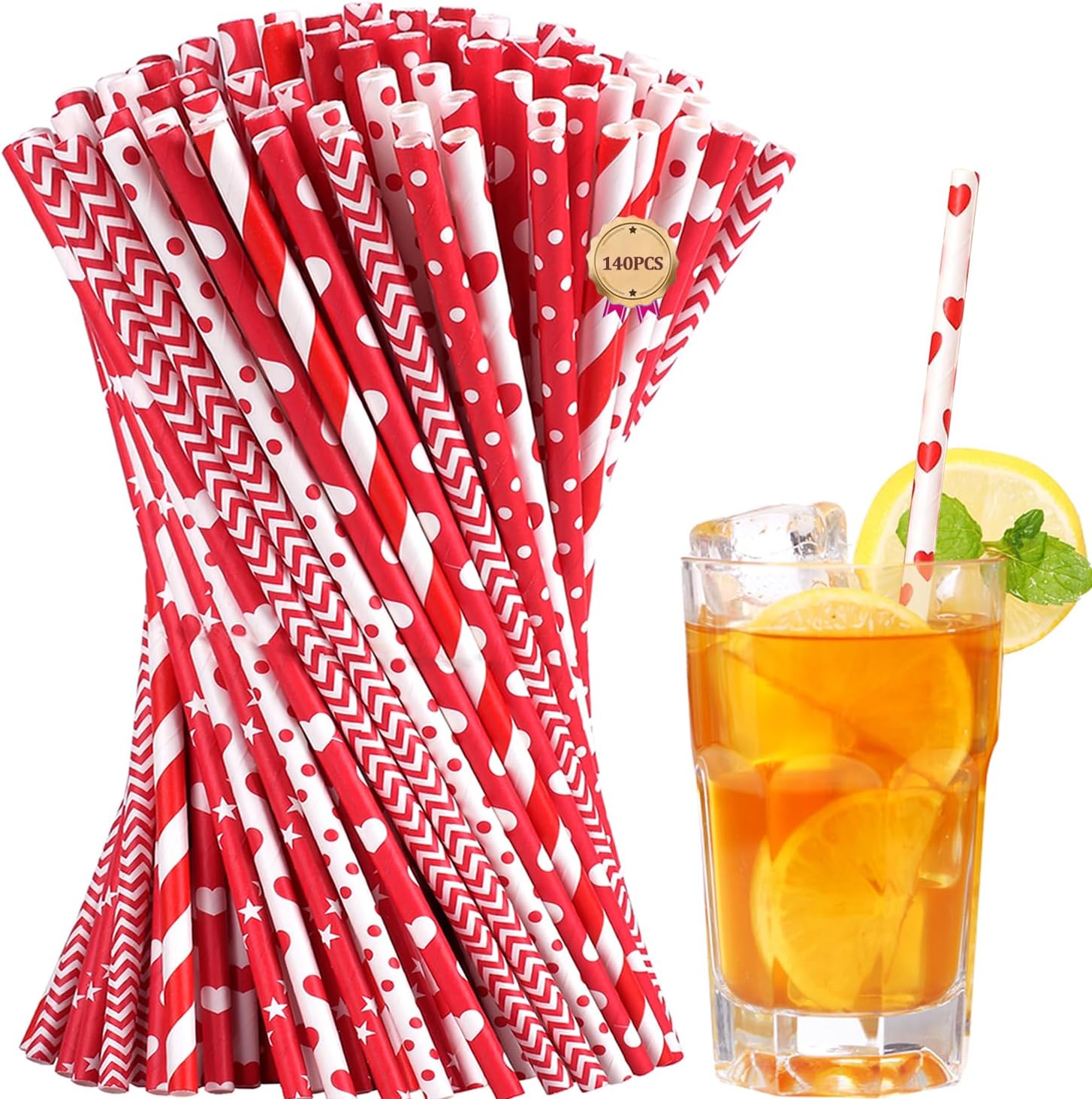 PakTalk Valentine Paper Straws pack front view displaying assorted red and white designs for party decorations.