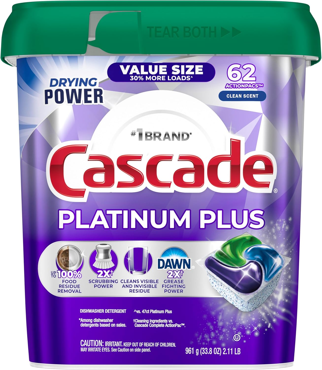 Cascade Platinum Plus Dishwasher Pods, Dish Detergent Soap, Clean Scent, 62 Count - Image 1