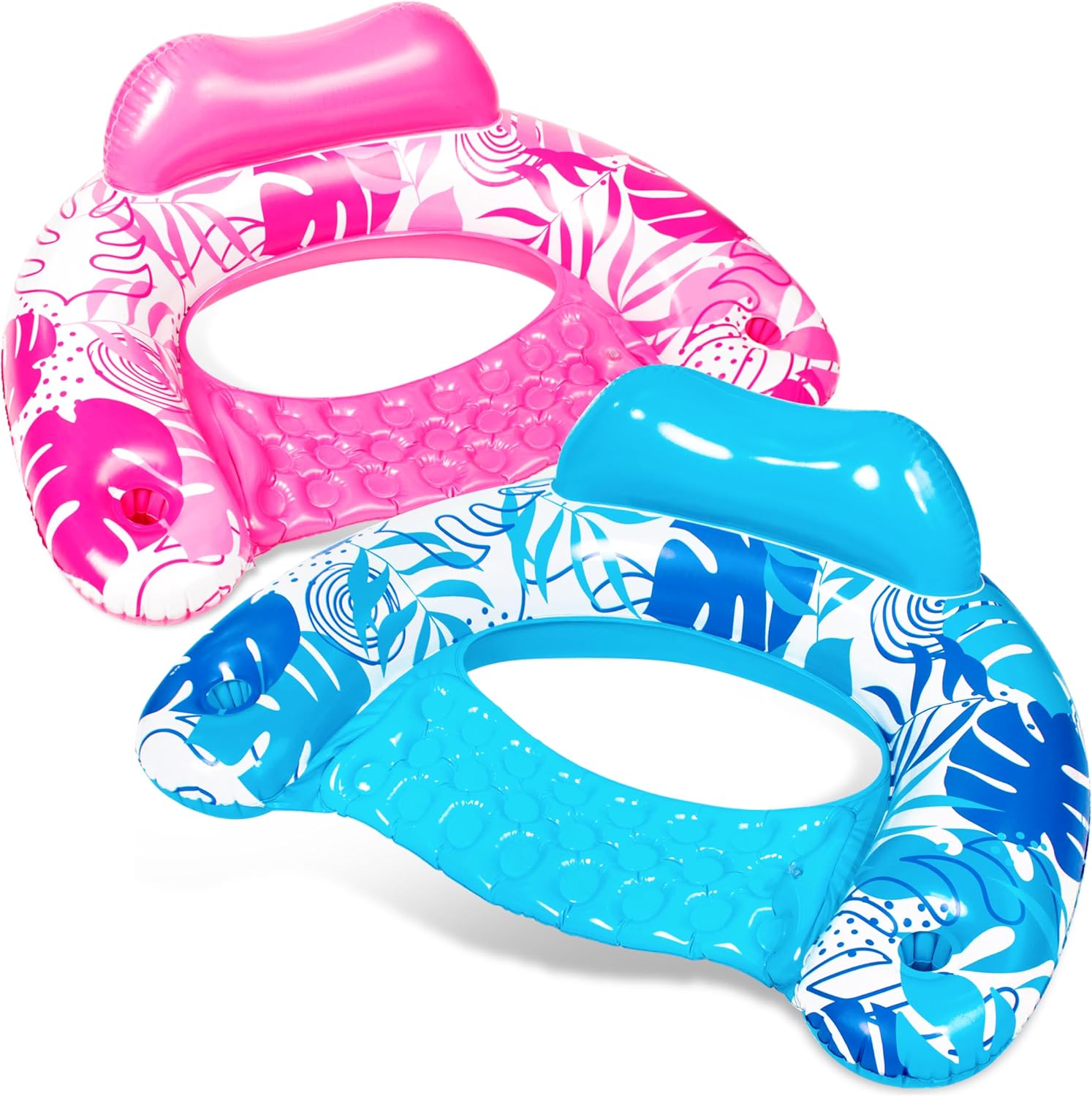 Sloosh inflatable pool floats adult 2 pack front view showcasing the blue and pink tropical leaf patterns floating on water.