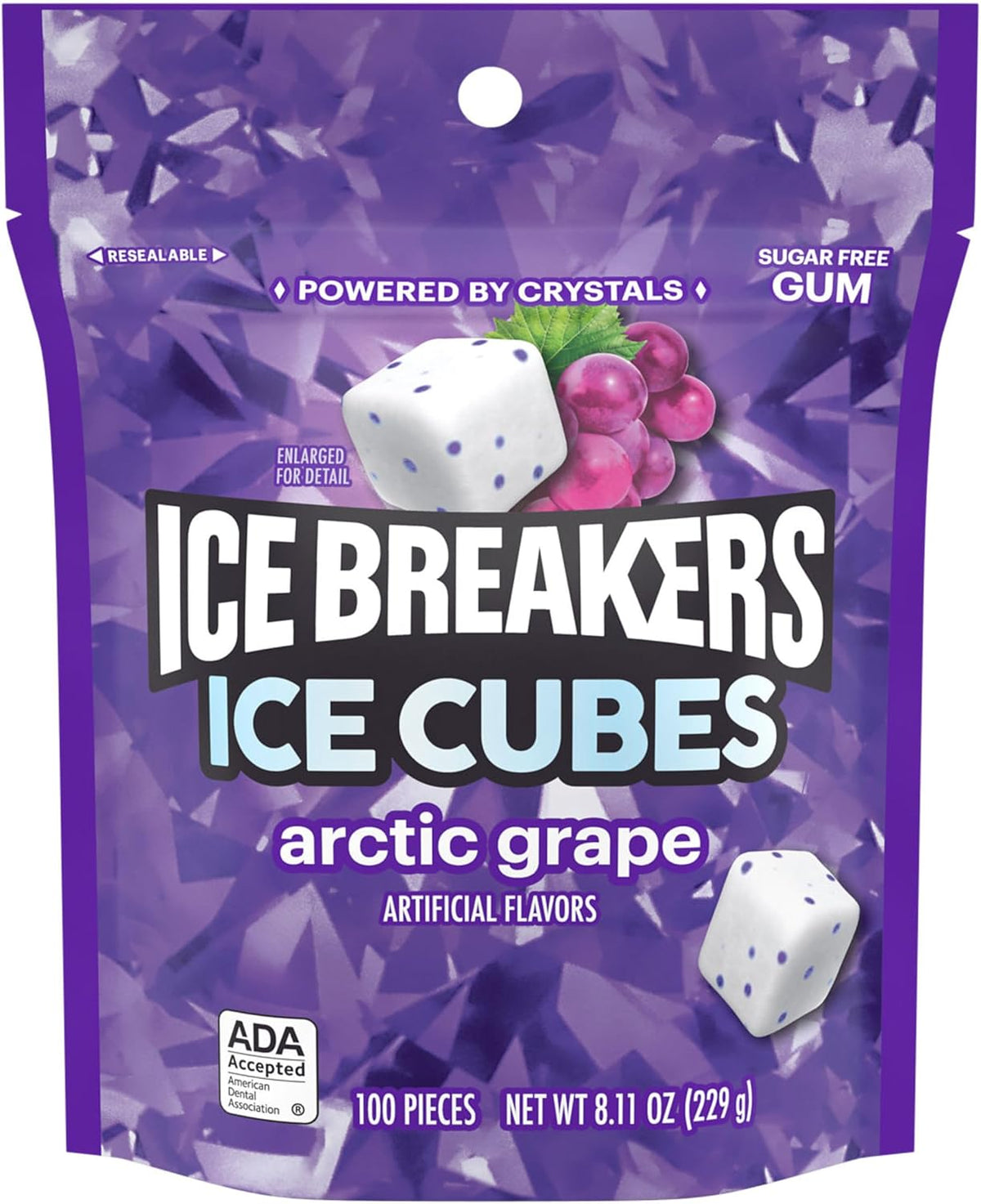 Back label showing ingredients of Ice Breakers Arctic Grape 100 pieces pack