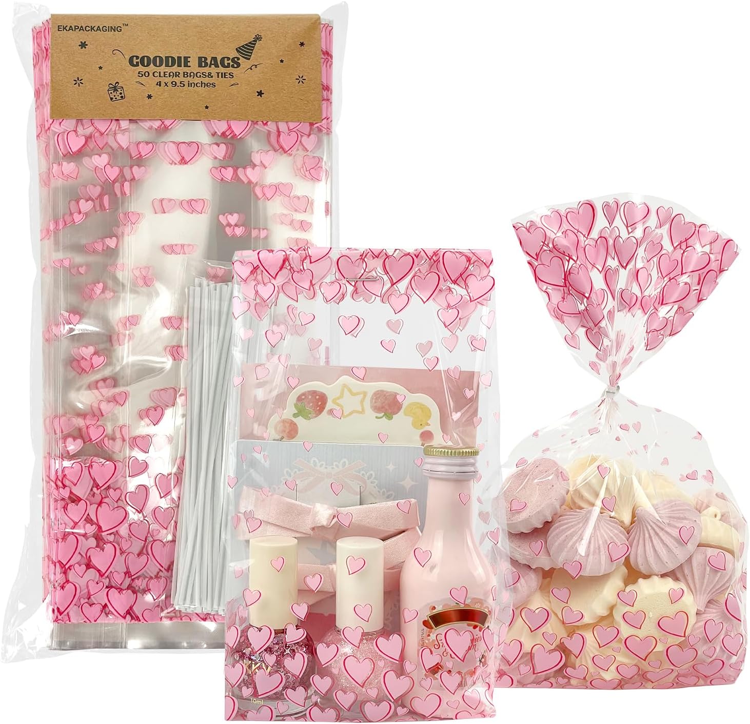 EKAPACKAGING heart pattern treat bags front view showcasing pink prints and included twist ties.