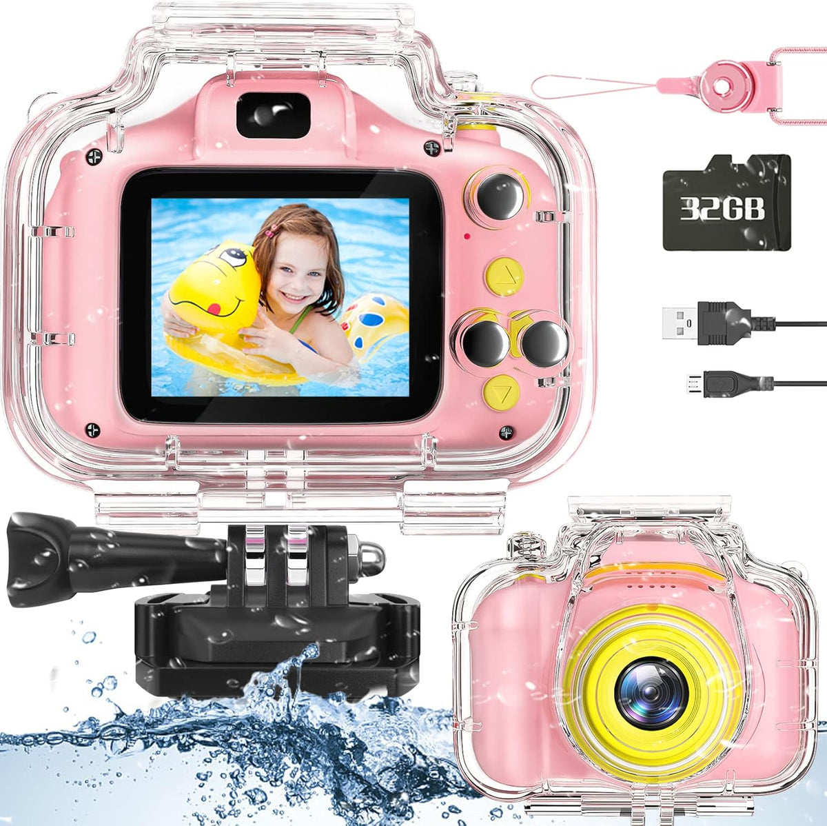 Miiulodi Kids Waterproof Camera pink front view for girls