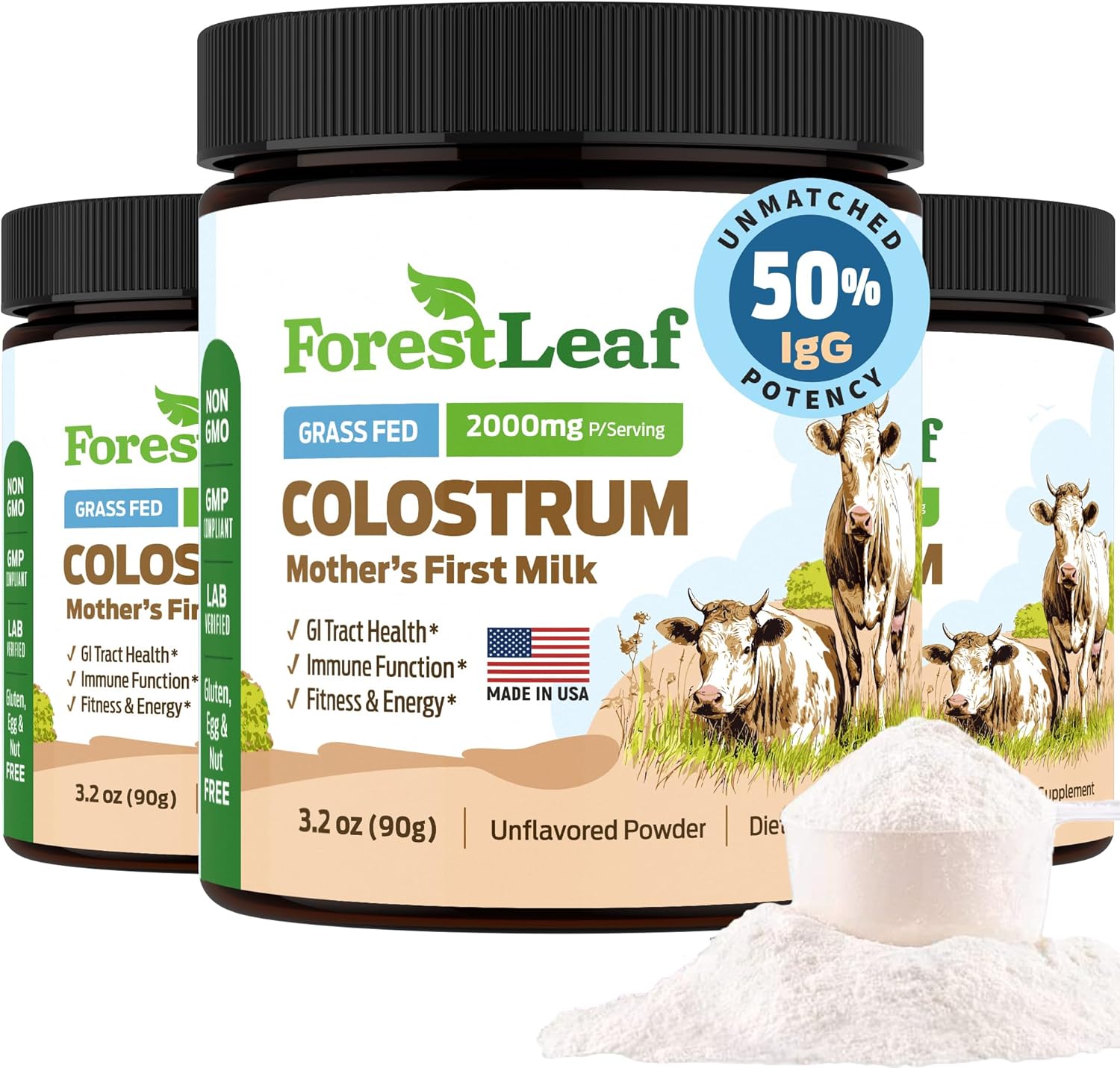 ForestLeaf Colostrum Powder 50% IgG Highest Concentration - Grass Fed Bovine Colostrum Supplement - Gut and Immune Health - Fitness and Energy - Bovine Colostrum for Humans Unflavored, 45 Servings 3 - Image 1