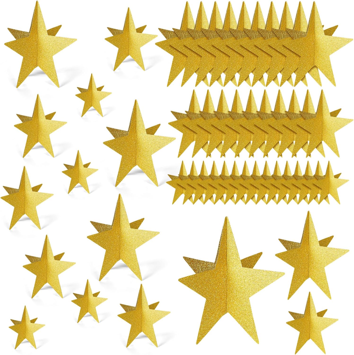 Sinload 3D glitter star decorations front view used as a gold table centerpiece for movie night themes.