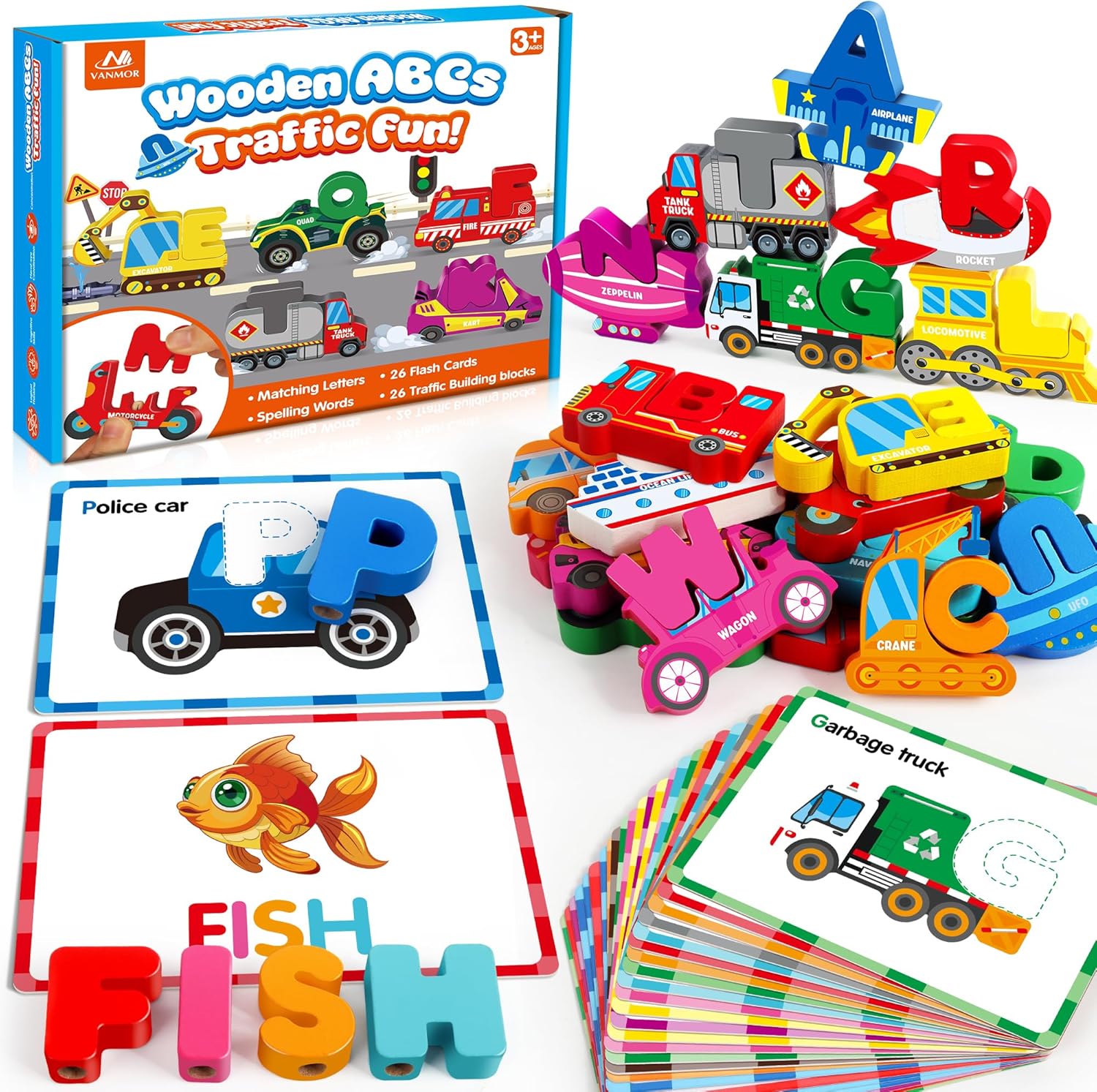 Vanmor Wooden Vehicle Alphabet Puzzle packaging and front view layout showing colorful letter blocks
