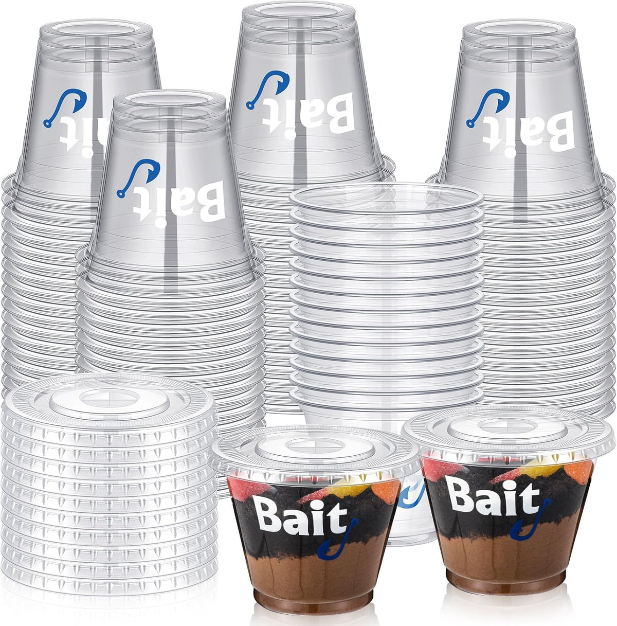SiliFine Coopay fishing party bait cups front view with lids and bait decal.