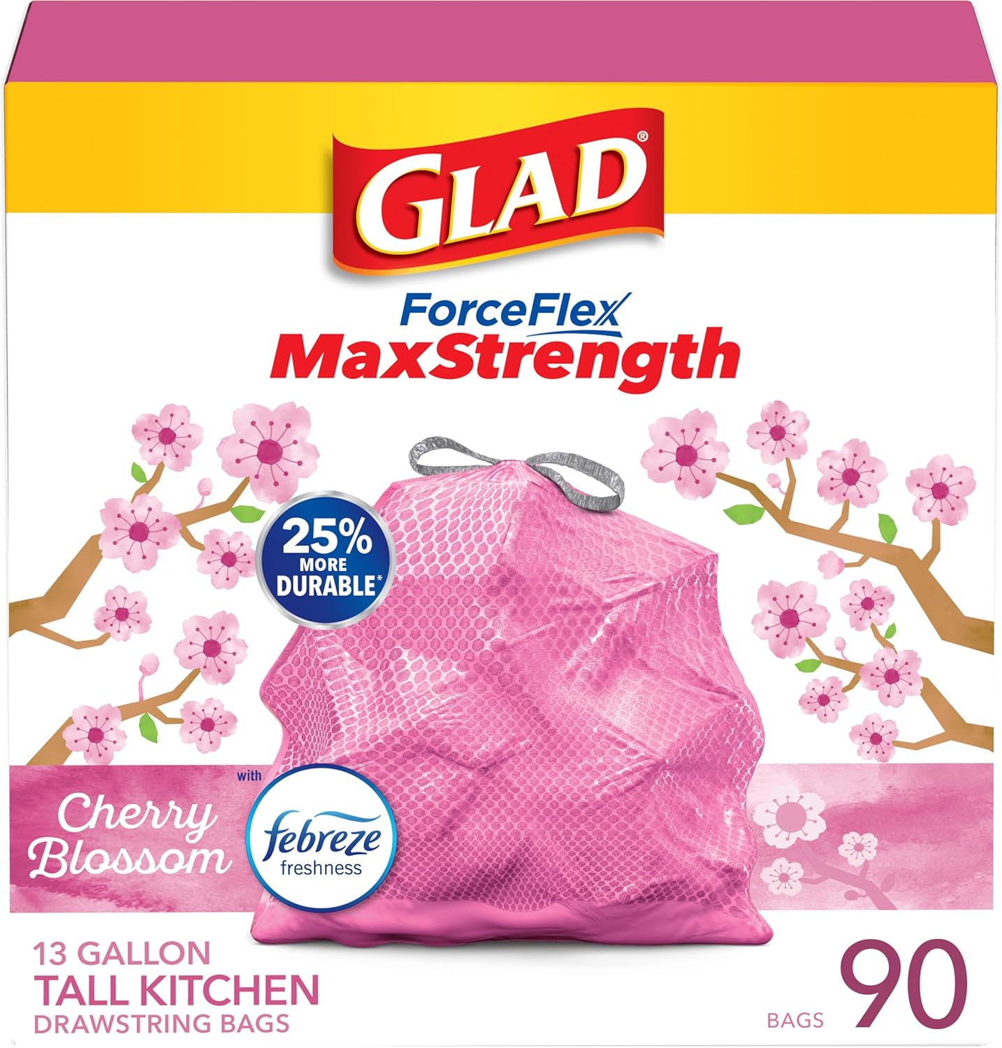 Glad ForceFlex MaxStrength tall kitchen trash bags 90 count front packaging view