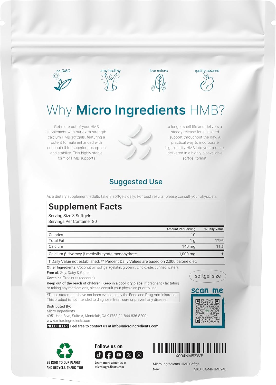 Micro Ingredients HMB softgels nutritional supplement label details