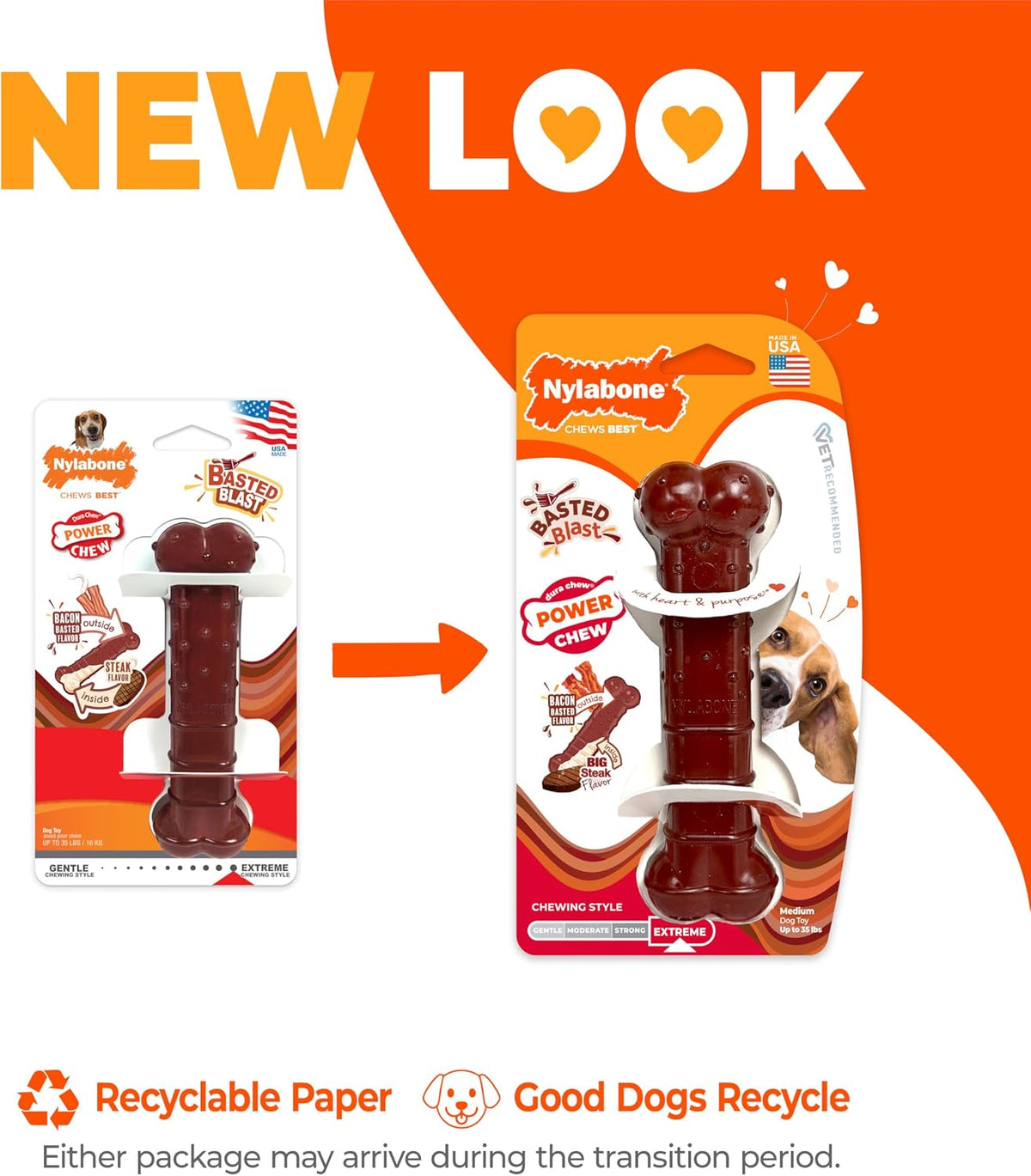 Nylabone textured dog bone showing bacon and steak flavor layers