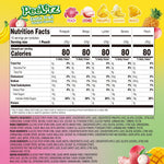 Amos peelable gummies showing mango peach banana pineapple and lychee flavors individually wrapped