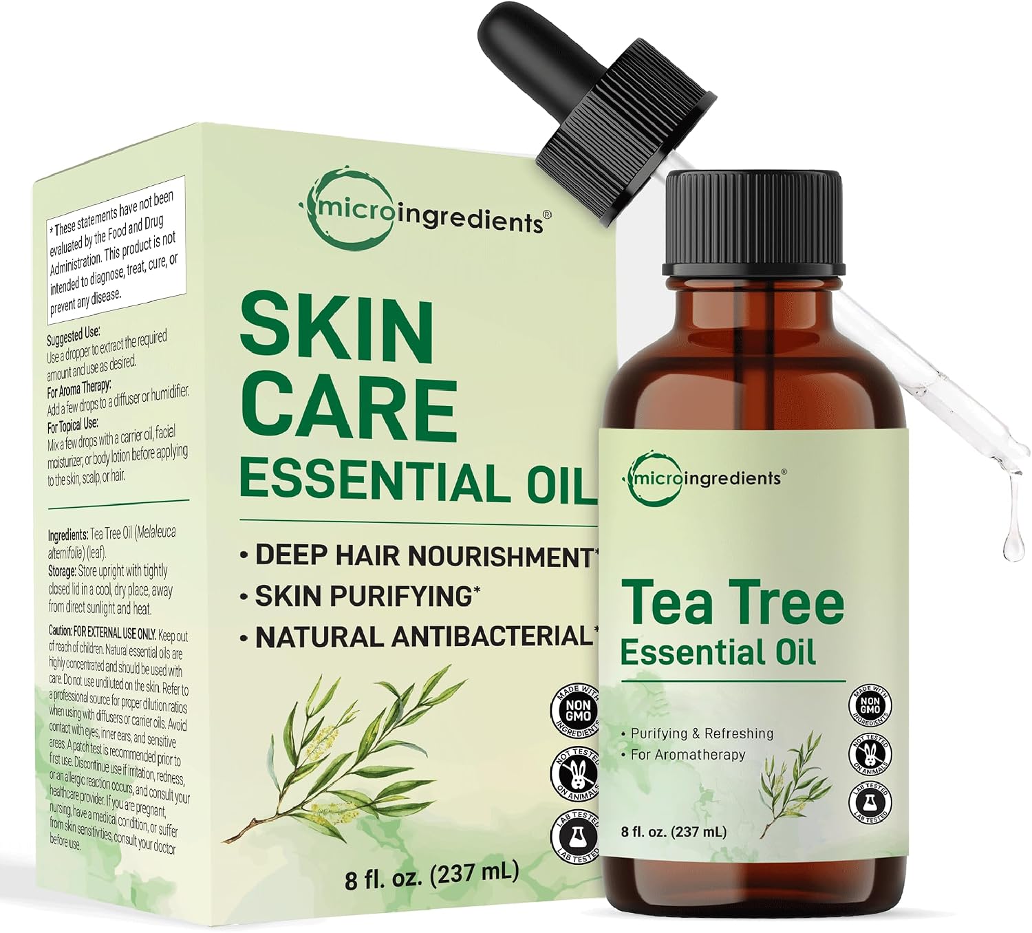 Micro Ingredients tea tree essential oil front view bottle and box