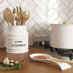 Rustic ceramic spatula caddy white finish with decorative twine bow accent