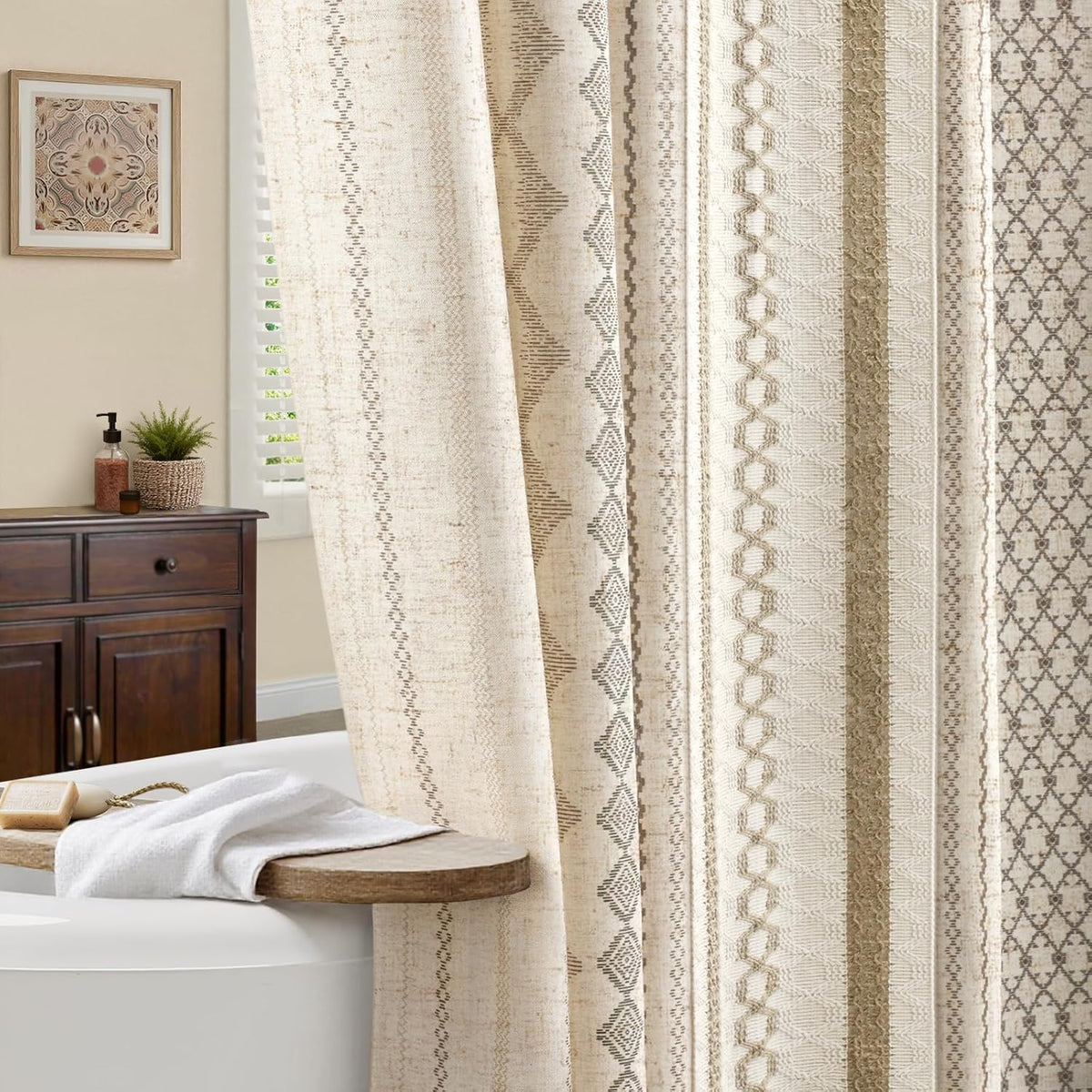 NDDYCU Boho Linen Shower Curtain front view hanging in a modern farmhouse bathroom setup