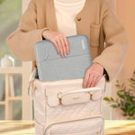 MOSISO gray laptop bag being slid inside a travel backpack easily