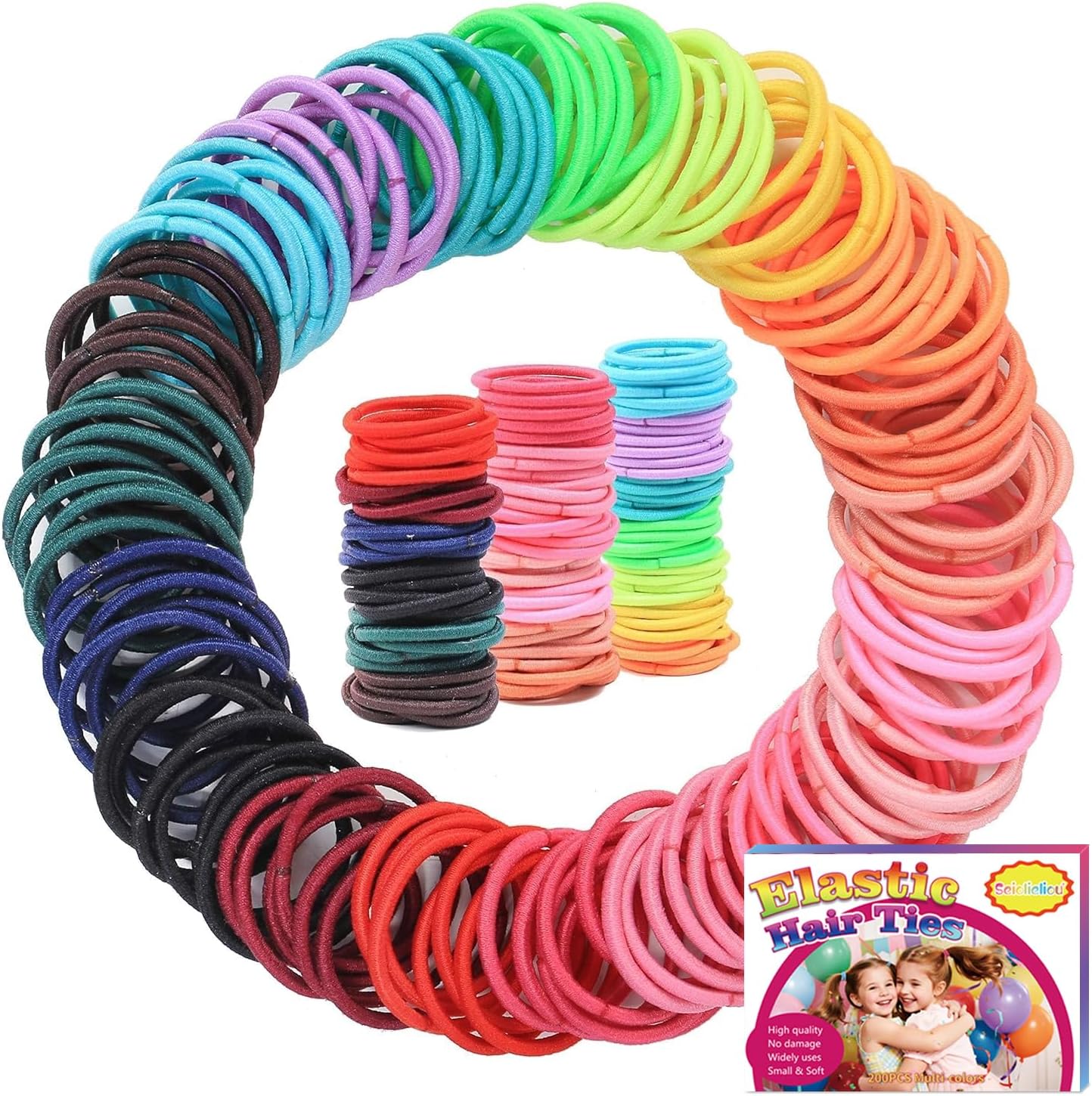 Seiolieliou 200 pieces elastic hair ties multicolored set front view