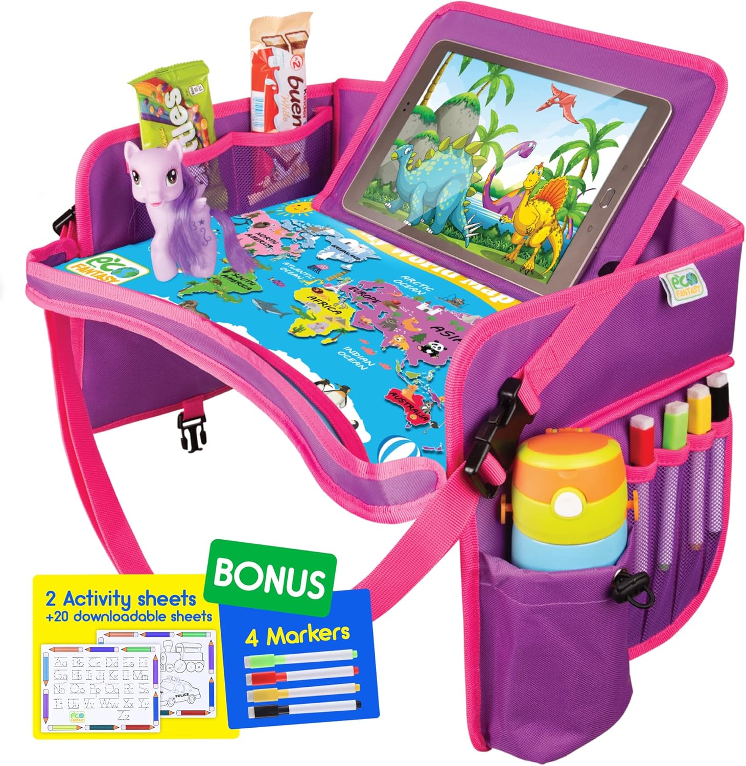 Ecofantasy kids travel tray pink front view shown open with world map dry erase board