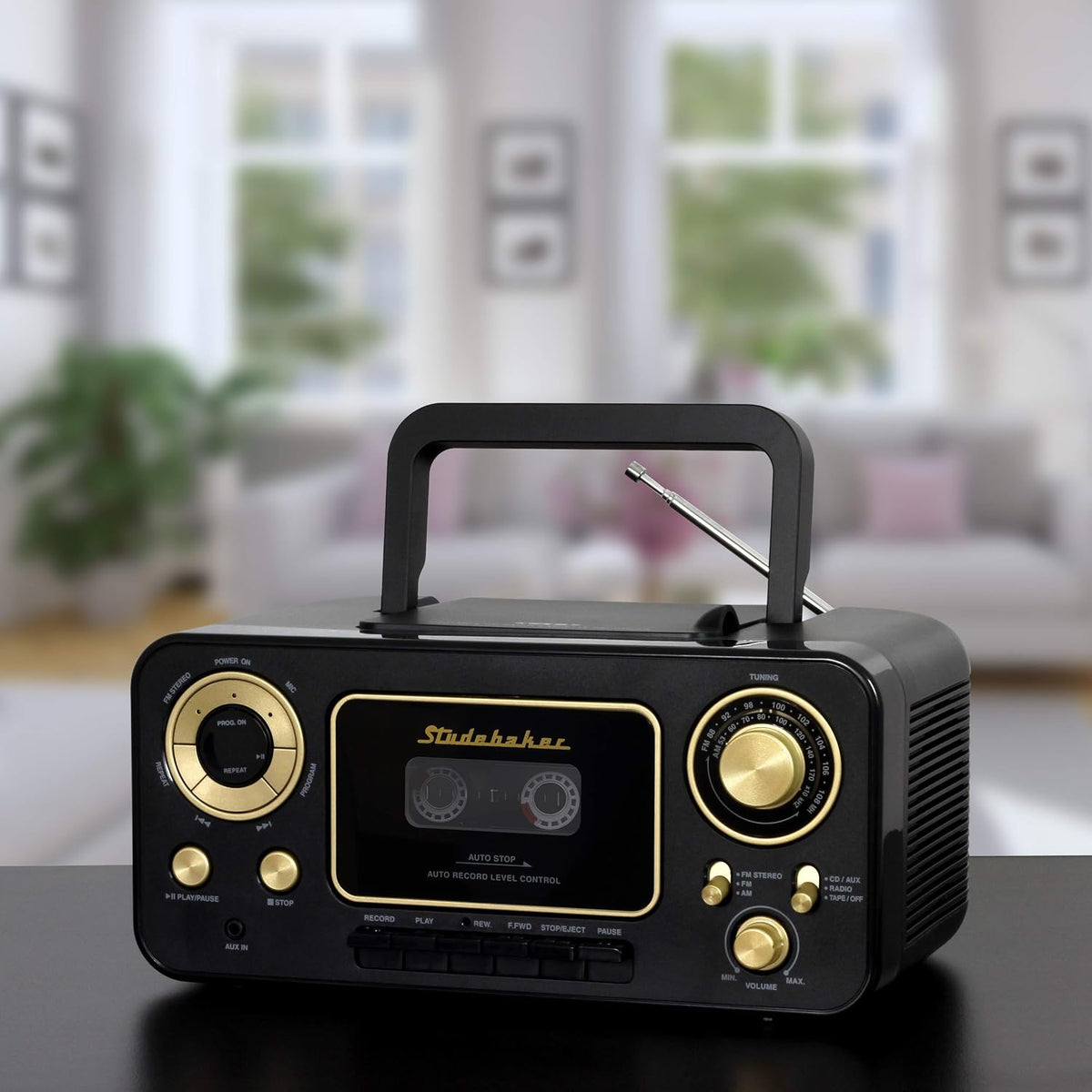 Studebaker SB2135BG black and gold boombox top loading CD compartment