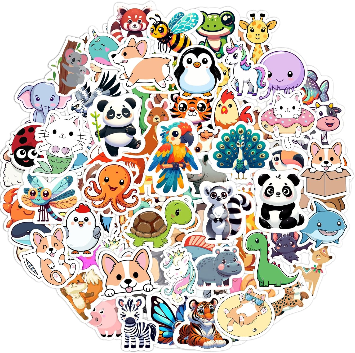 RINOLY animal water bottle stickers front view showing cute cartoon panda and penguin decals.
