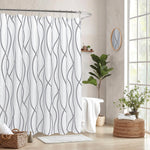 Biscaynebay Textured Fabric Shower Curtain front view hanging in a luxury modern hotel bathroom setup.