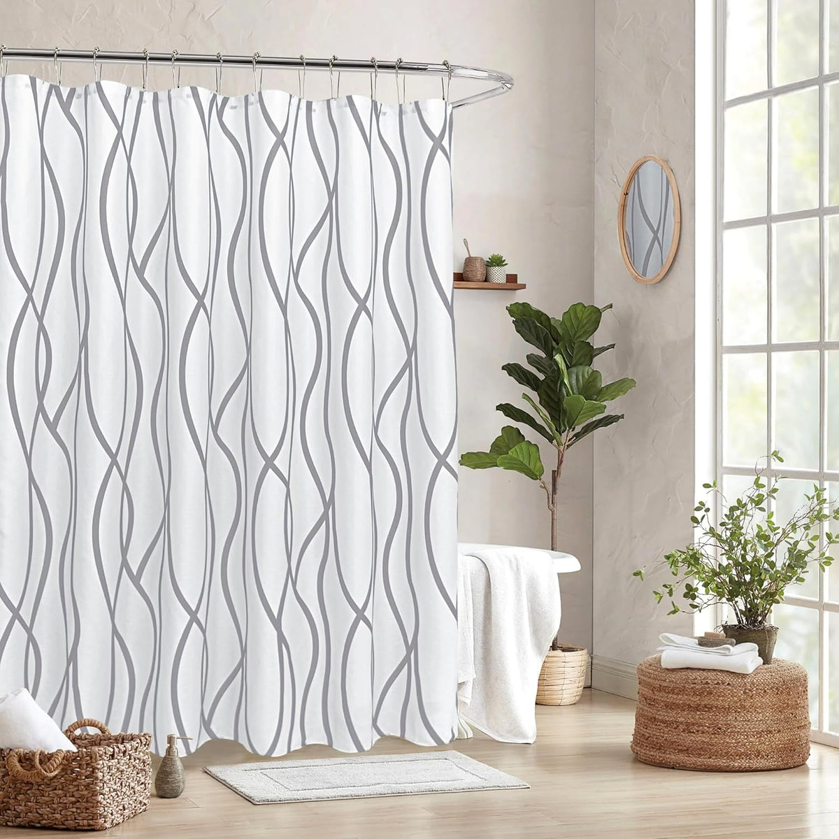 Biscaynebay Textured Fabric Shower Curtain front view hanging in a luxury modern hotel bathroom setup.