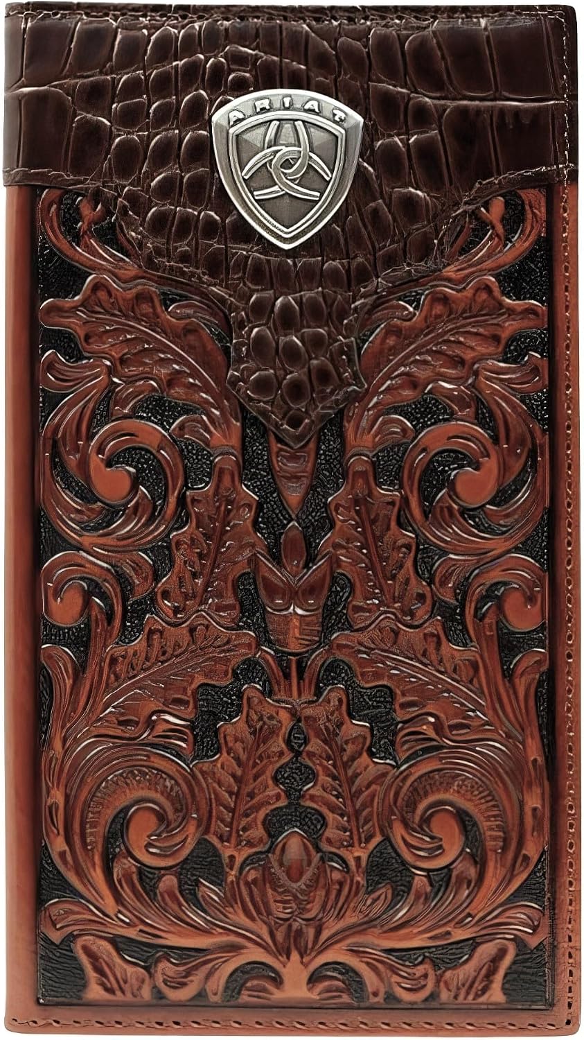 Ariat men's rodeo wallet front view showing tooled oak and gator print