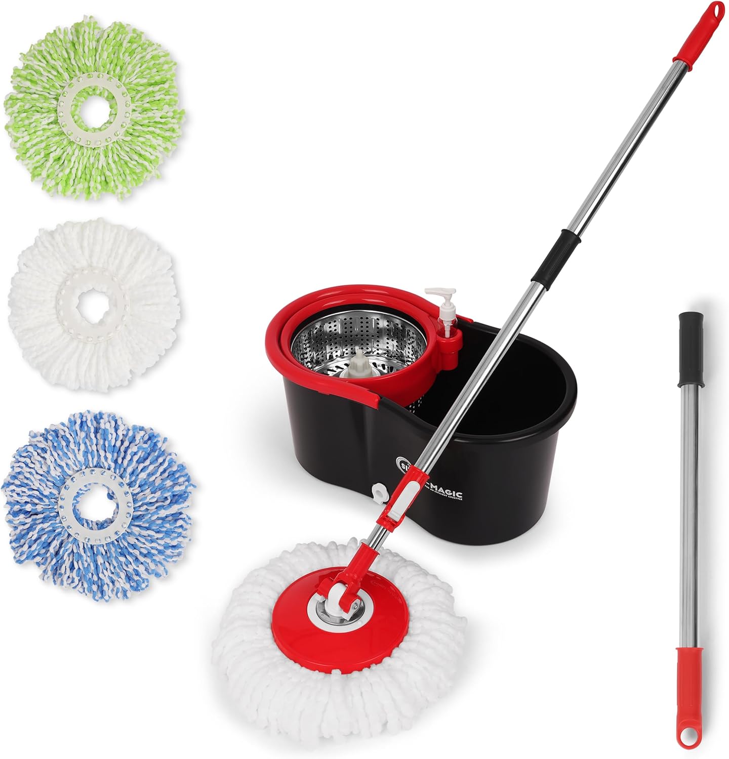 Simpli-Magic 360 Spin Mop and Bucket front view for floor cleaning.