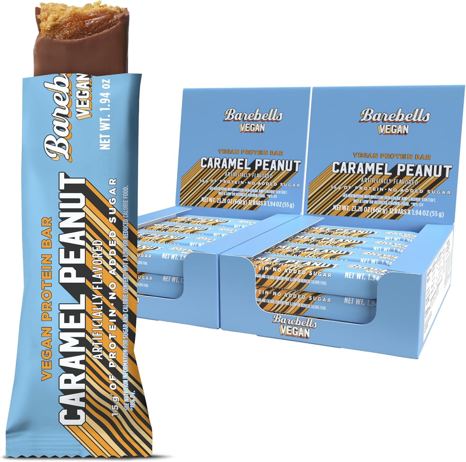 Barebells Vegan Protein Bars Peanut Caramel front view of the packaging highlighting the plant based high protein claim.