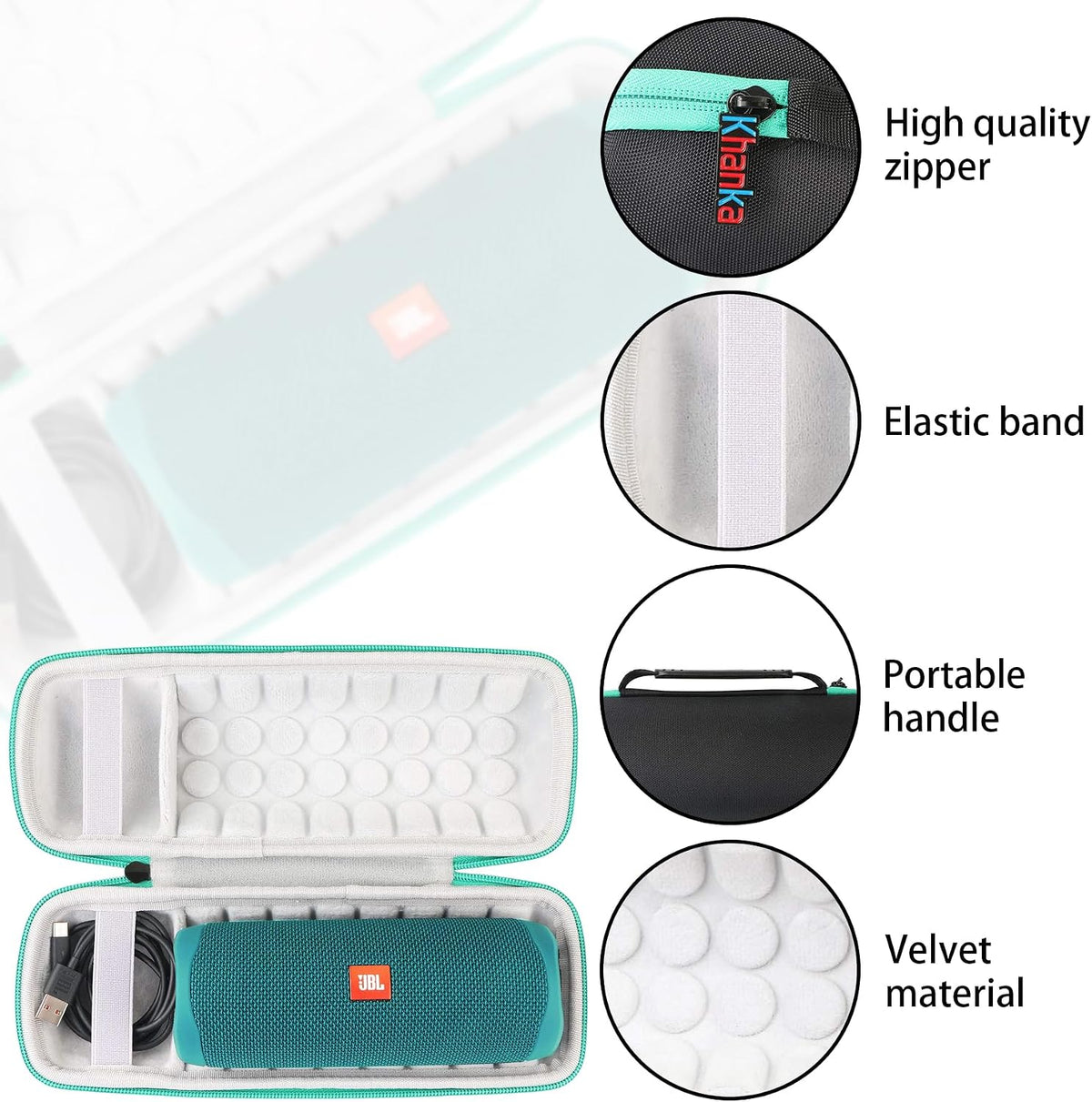 Teal hard storage box with built-in cable accessory pocket