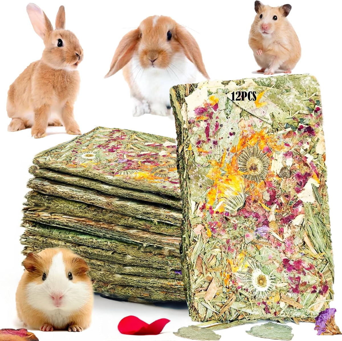 Grembeb rabbit toys twelve pack front view showing natural Timothy hay chew chips for small pet dental health.