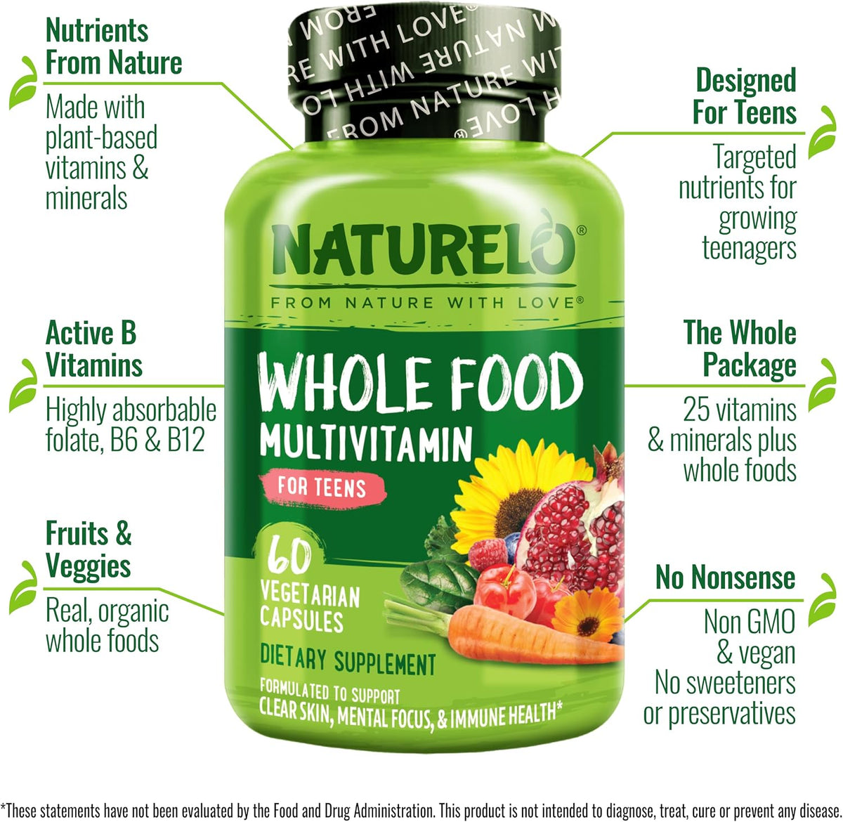Naturelo whole food teen multivitamin bottle showing supplement facts and ingredient highlights