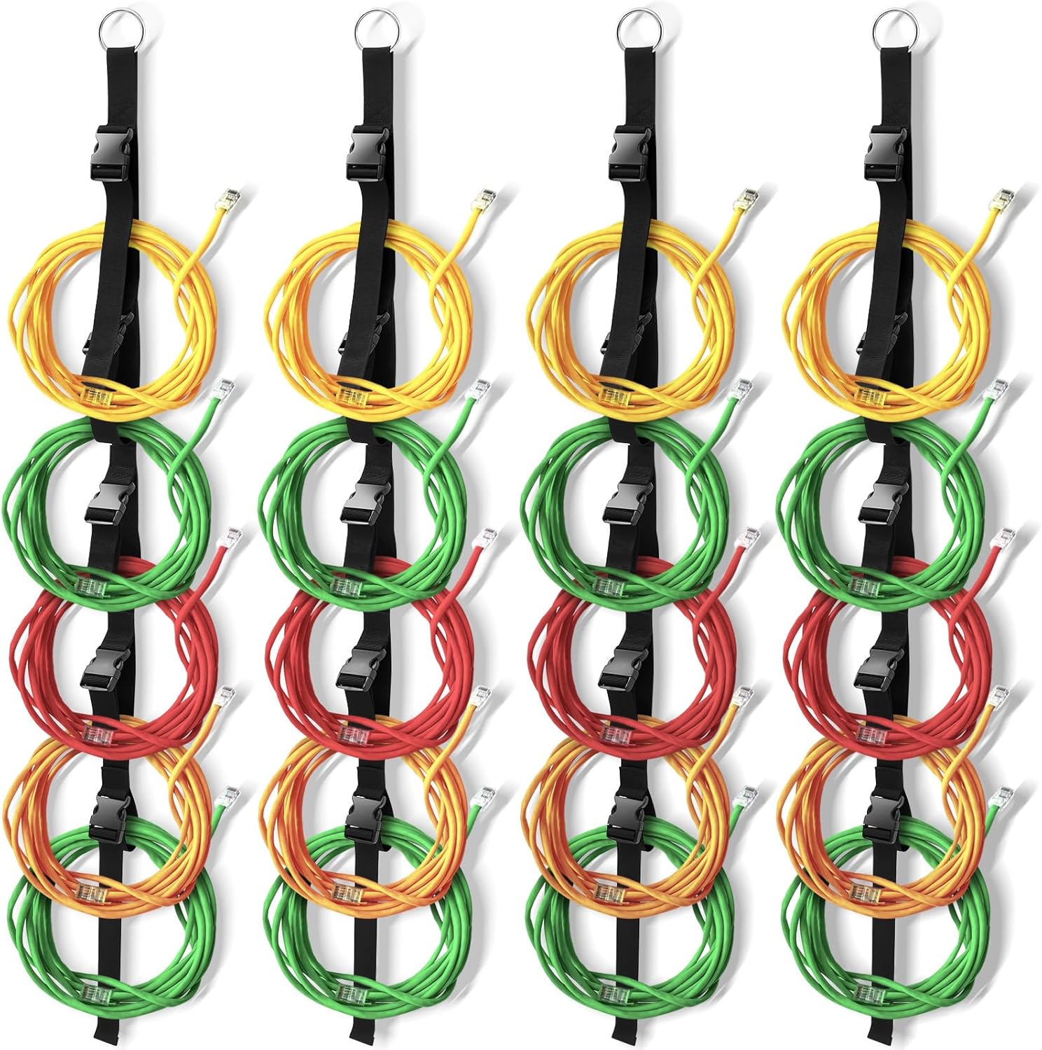 Wowangce extension cord organizers 4 piece pack front view hanging on a garage pegboard.