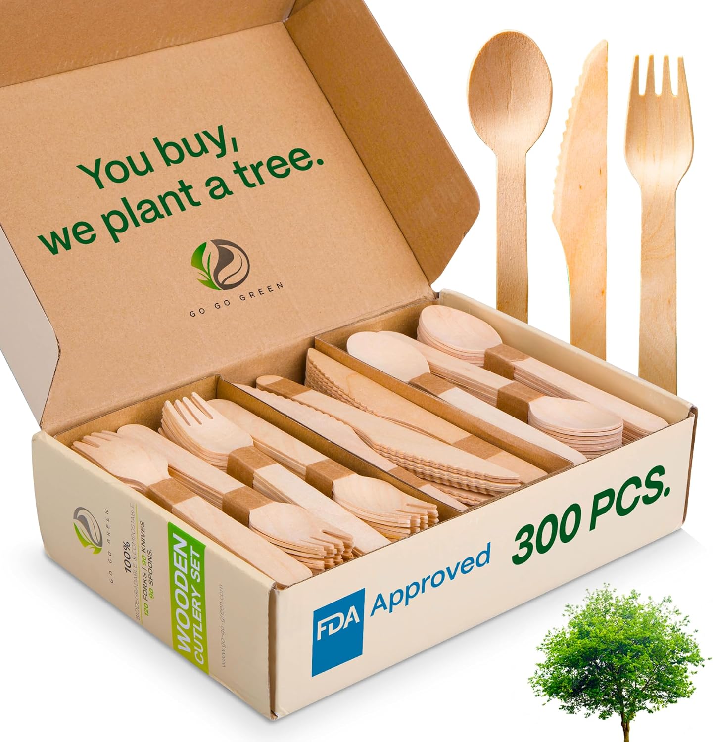 Go Go Green Compostable Wooden Cutlery Set front view 300 pieces