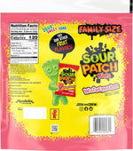 Watermelon slice-shaped pink and green gummy candies spilled out of a resealable bulk bag.
