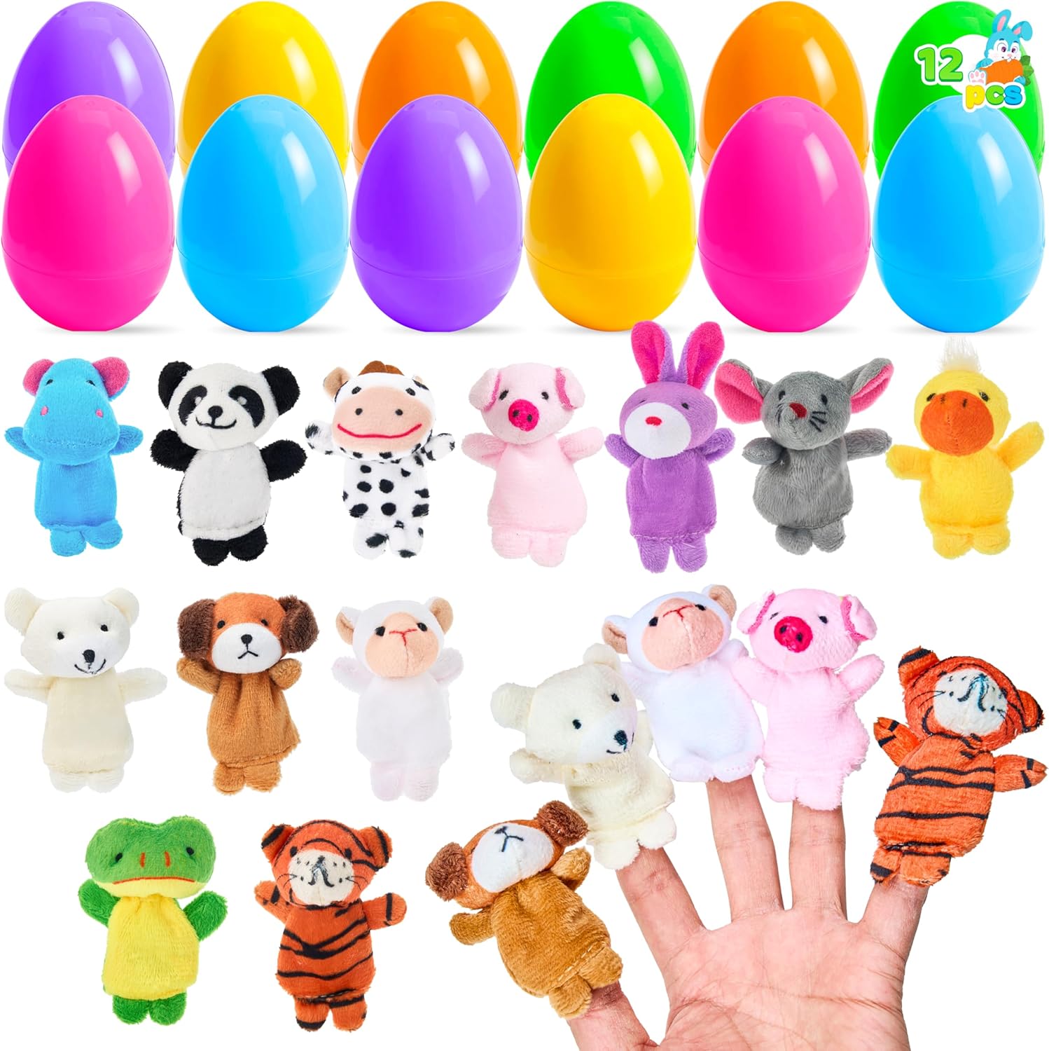 JOYIN prefilled easter eggs front view featuring colourful plastic eggs and soft animal finger puppets