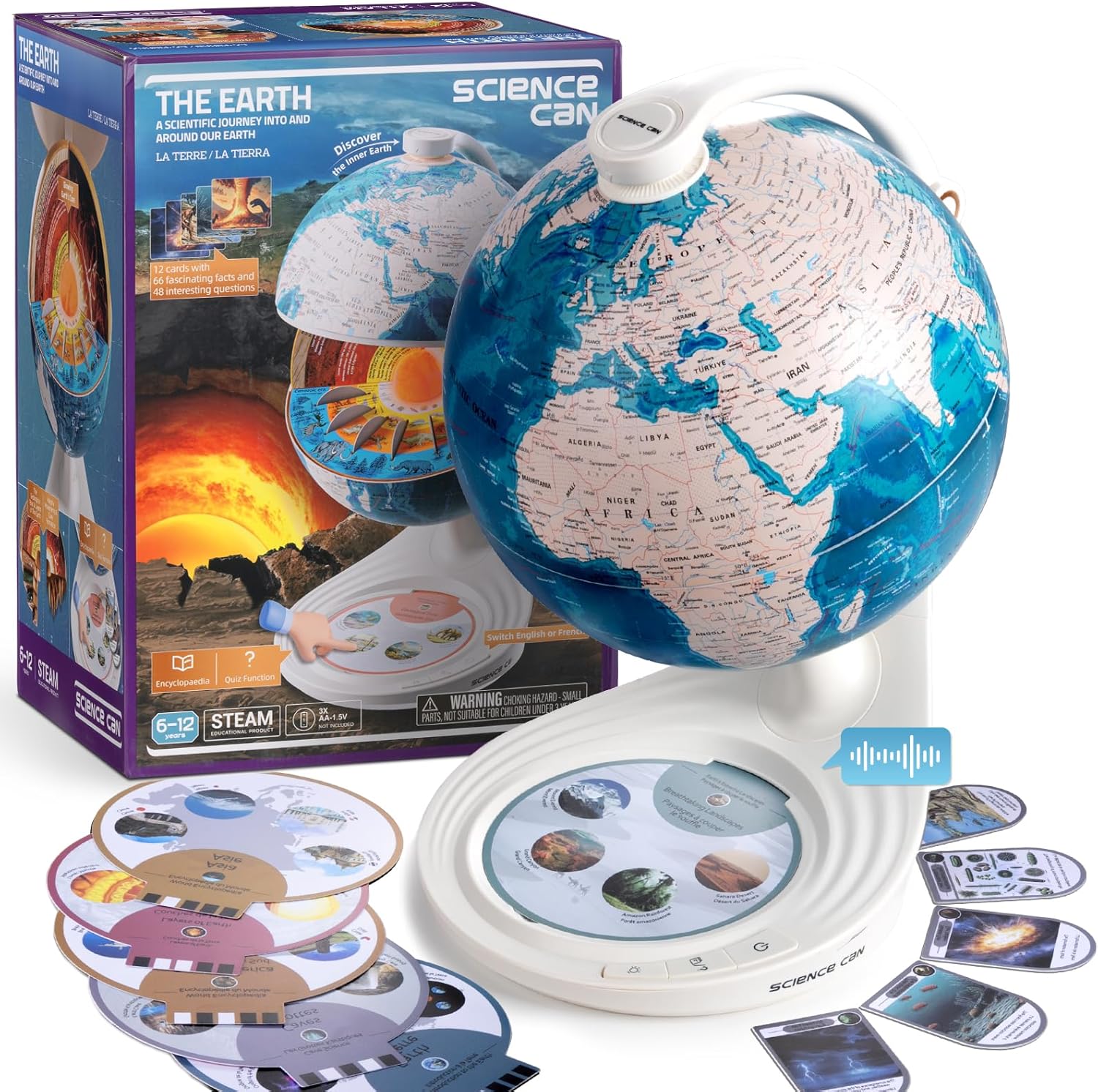 Science Can Interactive Talking Globe front view showcasing the 8 inch world map layout.