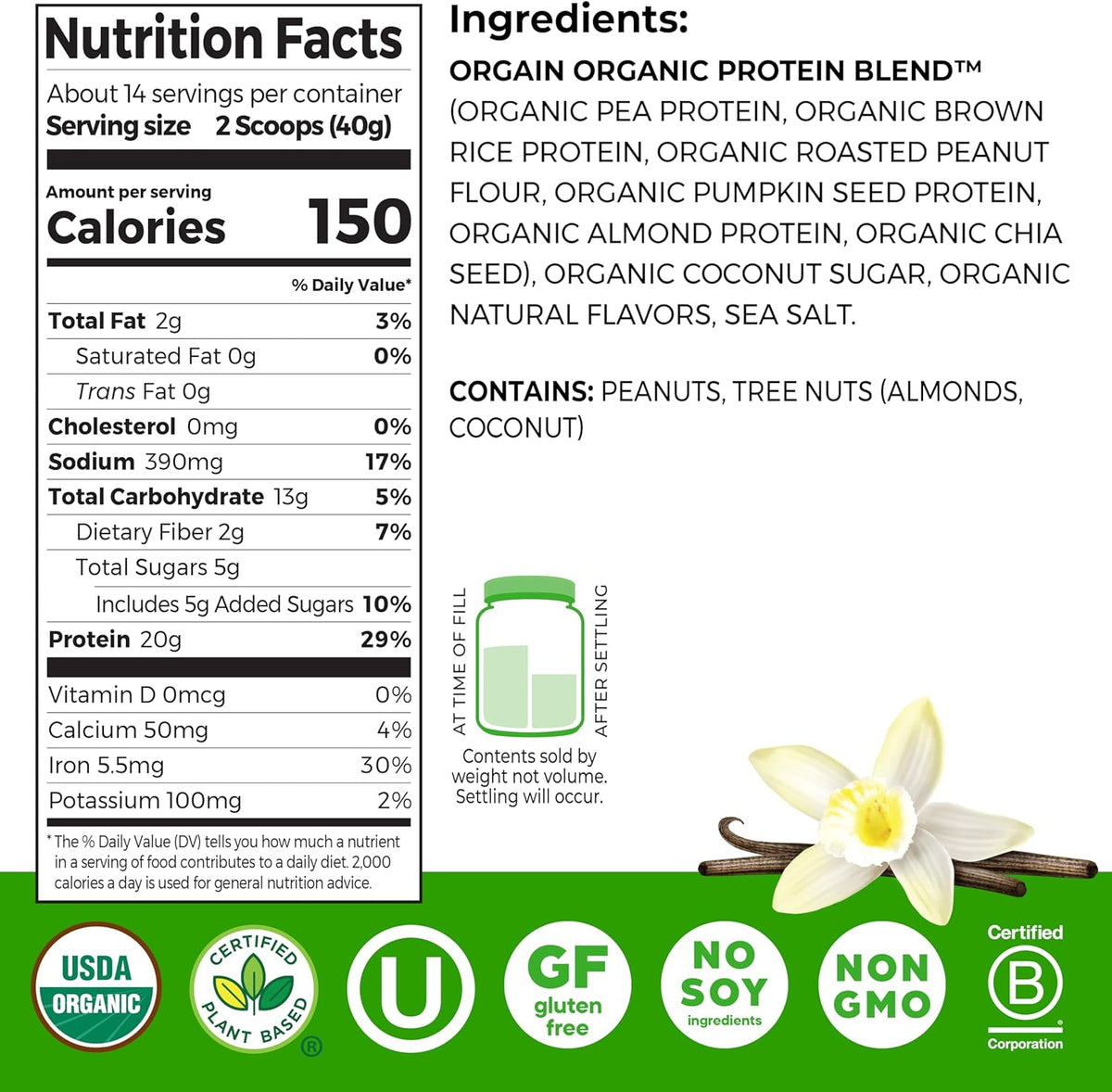 Orgain Simple plant based protein powder nutrition facts label