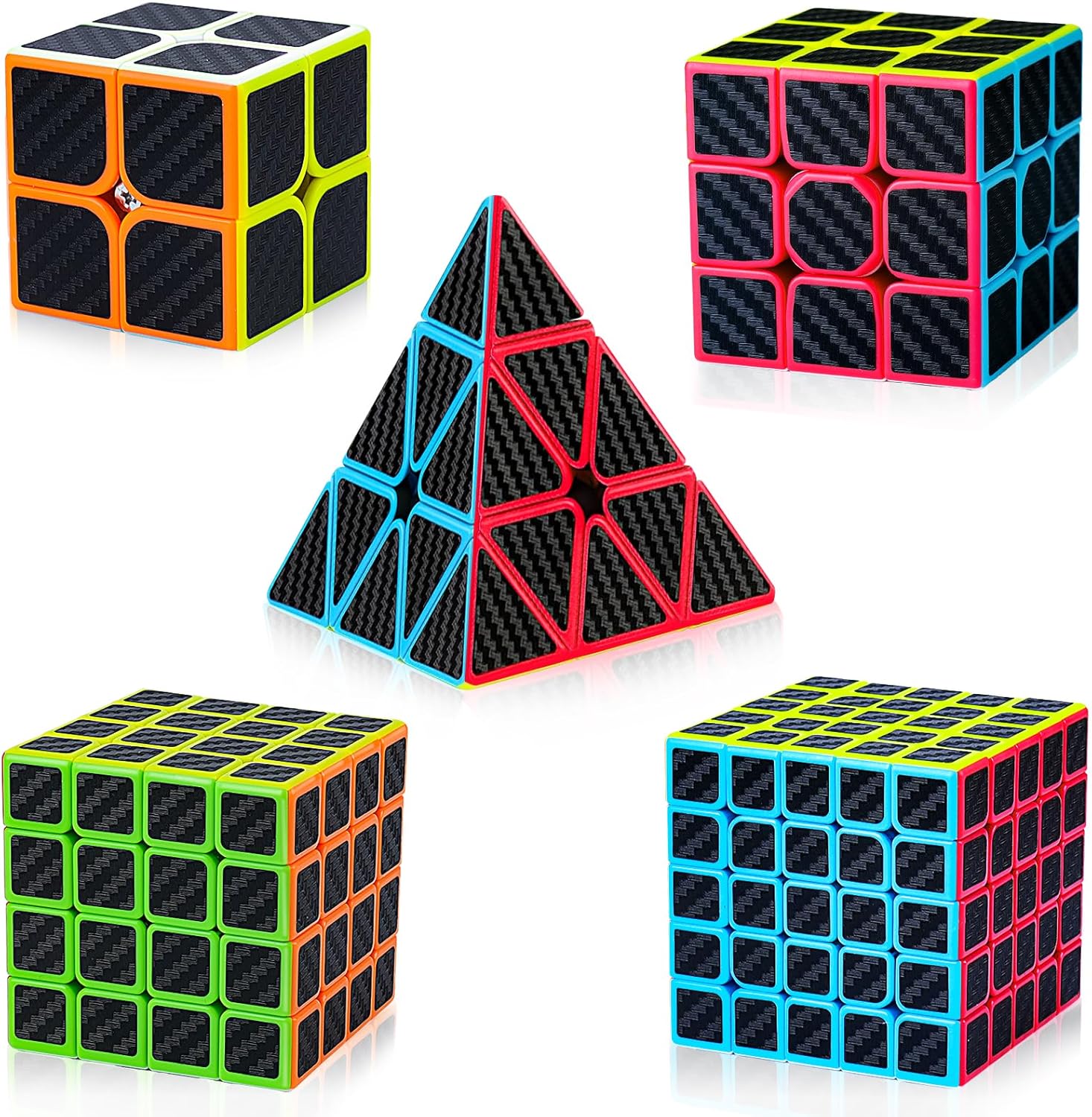 Auntyfey 5 pack speed cube set including 2x2, 3x3, 4x4, 5x5 and Pyraminx front view.