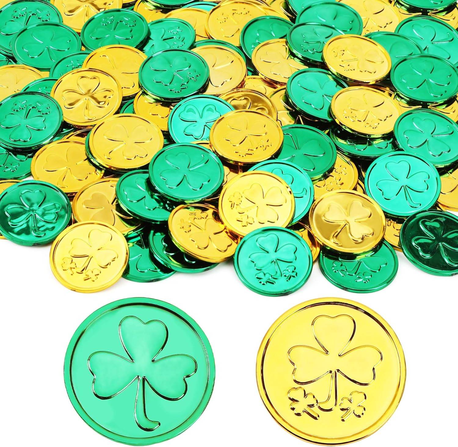 SEPGLITTER St. Patrick's Day coins front view showing embossed three-leaf clover design on gold and green surfaces.