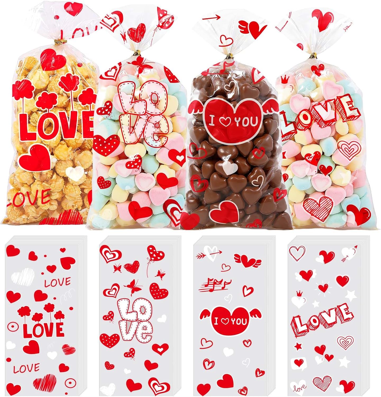 ONFAON Valentine's Day Goodie Bags front view showing assorted heart patterns filled with cookies.